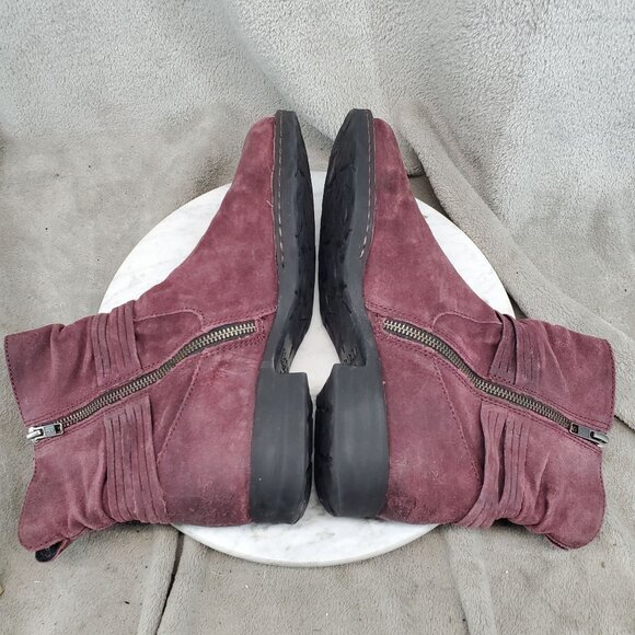 Born Shoes Womens Size 8.5 Burgundy Red Suede Cross Fringe Zip Boots - Picture 9 of 11